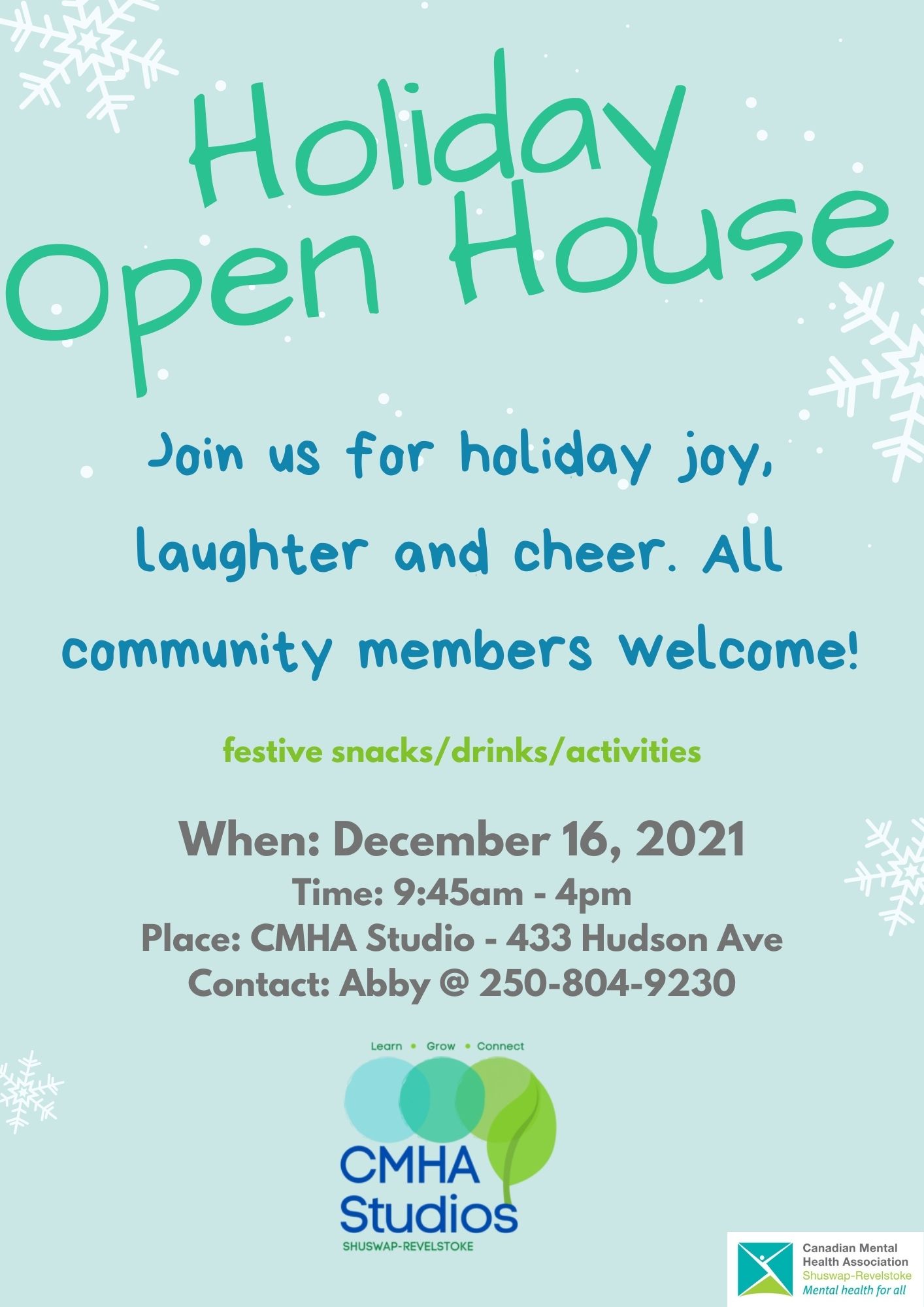 Join us for holiday joy, laughter and cheer. All community members welcome! Dec 16, 2021 9:45 - 4pm